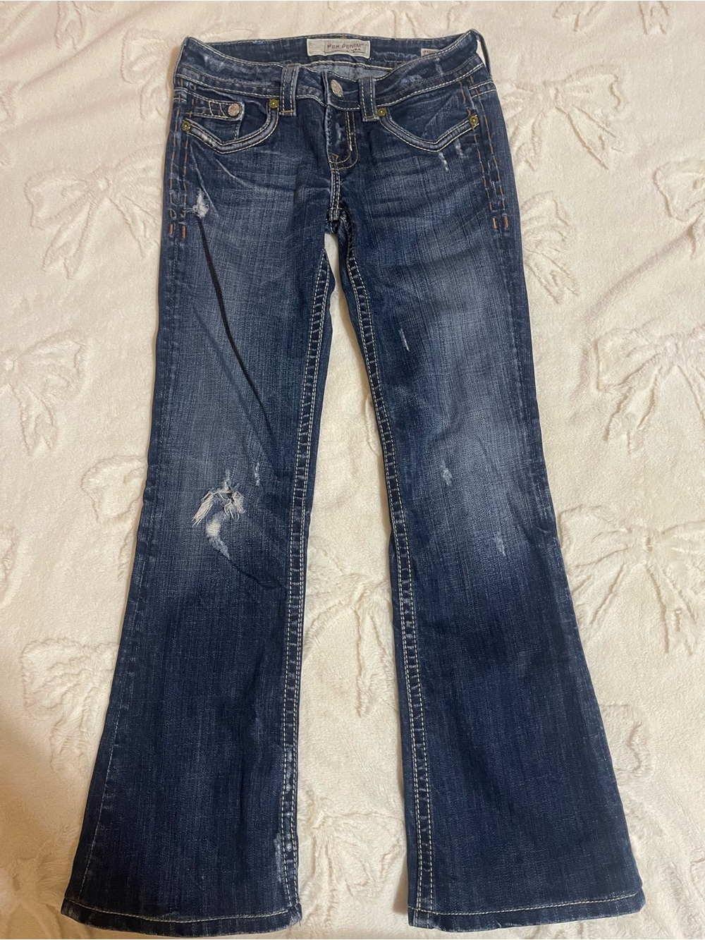 Mek denim Women's Dark Blue Distressed Bootcut Jeans 28x28